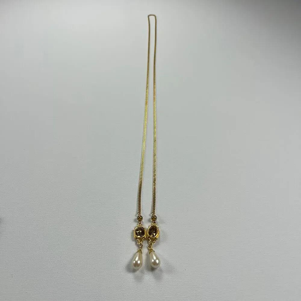 Vintage Gold Tone Lariat Necklace & Clip-On Earring Set Brown Stone Faux Pearl